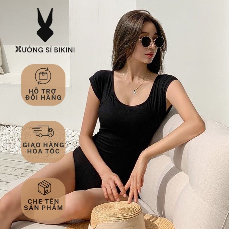 [BIKINI 1 MẢNH NỮ] Đồ bơi liền mảnh trễ vai tay con kín đáo mặc được nhiều kiểu màu đen sang chảnh