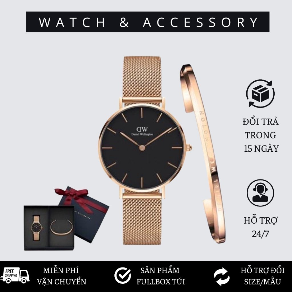 Đồng Hồ Nữ Daniel Welington Classic Petite Melrose Black + Vòng Tay D_W Cuff Chính Hãng - DANIEL WATCH STORE VN