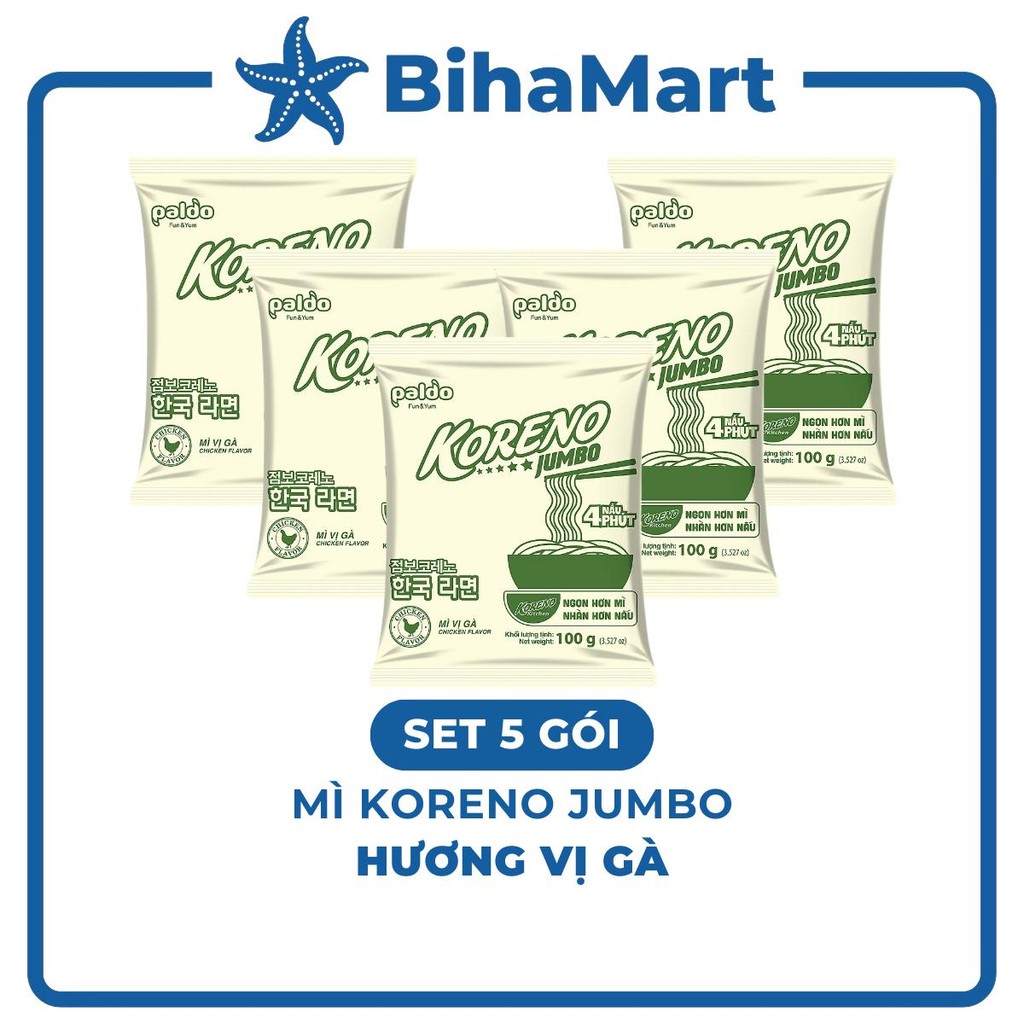 [SET5GÓI-PALDO- Mì Koreno Jumbo hương vị Gà, Mì gà Koreno Jumbo, Mì ăn liền Koreno Jumbo, Mì Hàn Quố