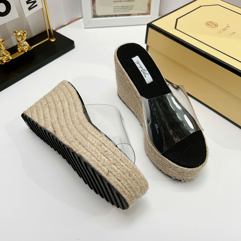 Guốc Xuồng Cói Nữ Gót 7cm Quai Trong 2 Màu Đen Nâu Siêu Xinh - Thóc Design