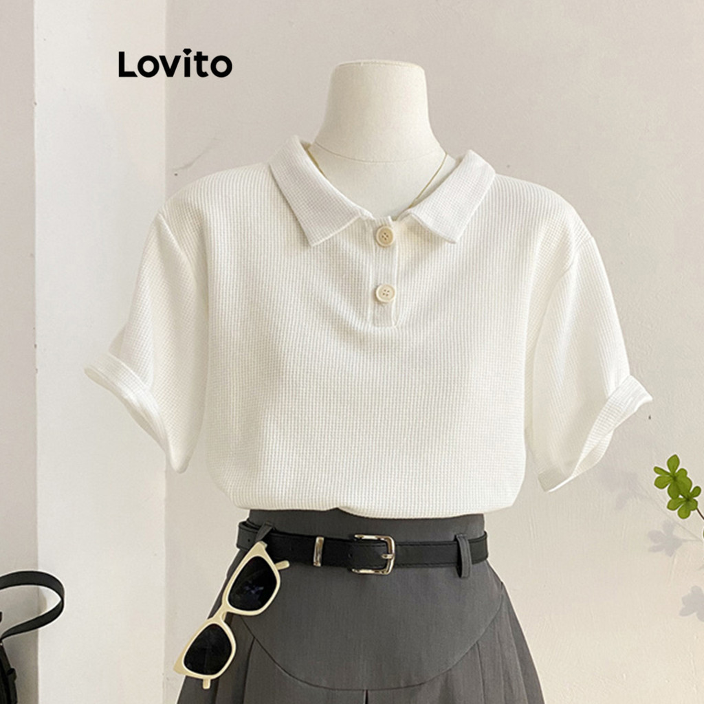 Áo thun polo Lovito dệt kim waffle màu trơn thường ngày cho nữ L68ED039 (Nhiều màu)