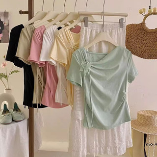 Suxi Thời Trang Tối Giản Dây Không Đều Mùa Hè Mới Đa Năng Áo Thun Nữ Tay Ngắn Đa Năng 240515