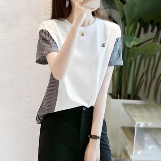 Áo thun Cotton sọc ngắn tay nguyên chất dành cho nữ mùa hè Phong cách mới dáng rộng mỏng hơn trông thời trang thêu hàng đầu hợp thời trang
