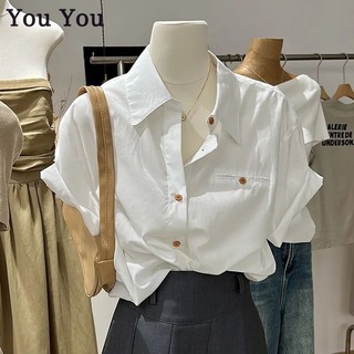 Áo sơ mi cotton nguyên chất nữ ngắn tay mỏng dáng rộng đơn giản để mặc bên ngoài