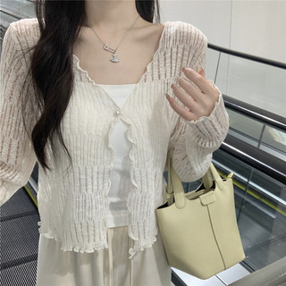 Áo coquette tay ngắn Áo thun baby tee Áo ôm body Nhẹ Nhàng Edge Cổ Chữ V Dài Tay Dệt Kim Cardigan Nữ Mùa Hè Ngắn Mỏng Phong Cách Rời Rỗng Sunscre