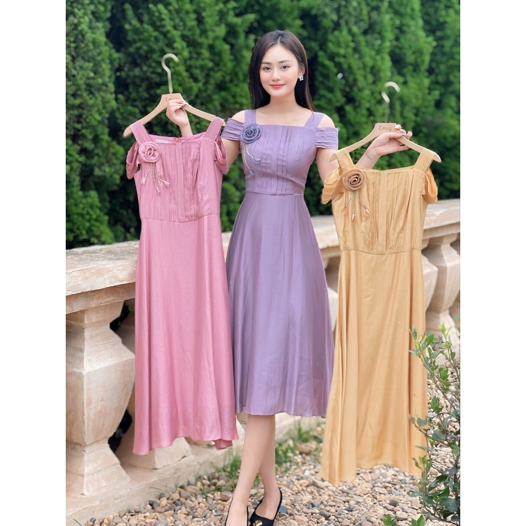 Váy thiết kế hai dây phối tay 2 lớp chất Tơ hàn lót lụa cao cấp Emvy Fashion k119