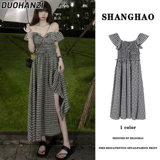Duohanzi Váy Nữ Kẻ Sọc Suspender Đầm Mùa Hè Mới Nơ Thiết Kế Niche Eo Giảm Béo Cắt Váy Dài