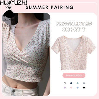Huayuzhilnhc Áo thun Croptop tay ngắn cổ chữ V họa tiết hoa mùa hè quyến rũ nữ tính thời trang