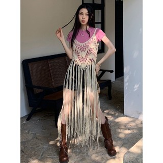 Mùa Hè 2024 Phong Cách Mới Thiết Kế Thời Trang Cảm Giác Handmade Móc Viền Phong Cách Bohemian Sling Áo Sơ Mi Ngoài Đầm Nữ