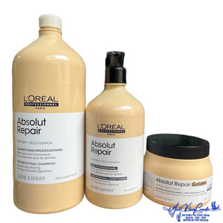 Combo gội xả và hấp dầu phục hồi tóc khô xơ, hư tổn L'oreal Gold Quinoa + Protein Absolut Repair Golden 1500ml - MK