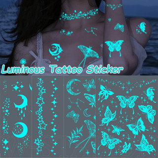 Nhãn dán hình xăm phát sáng màu trắng - Họa tiết ngôi sao mặt trăng bướm - Hình xăm giả tạm thời - Dành cho ngực, vai, cổ, cánh tay - Chống thấm nước, dùng một lần - Trang trí nghệ thuật tiệc lễ hội toàn thân