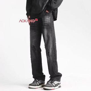 Aokong Jeans mùa hè phong cách Mỹ rách thẳng đường phố cao quần đen thông thường