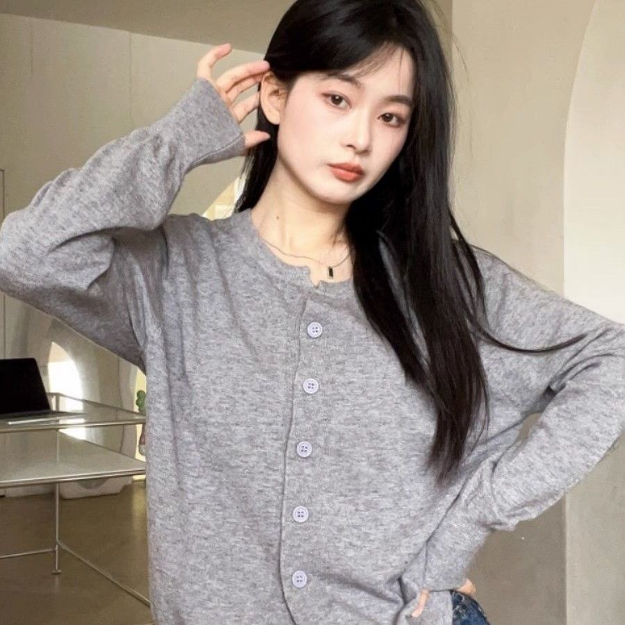 Áo Cardigan Mùa Thu Mới Dài Tay Dệt Kim Cardigan Nữ Rời Thường Ngày Ngắn Cardigan Mỏng