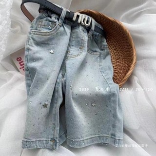 [Trang phục cảm giác mát mẻ mùa hè] Quần áo trẻ em Hàn Quốc chính hãng Quần mùa hè dành cho trẻ em Quần jean mềm Quần giữa Quần 7 điểm Phiên bản Hàn Quốc Hot Kim cương giả thun eo giặt thủ công Cotton co giãn trẻ em trung niên 5