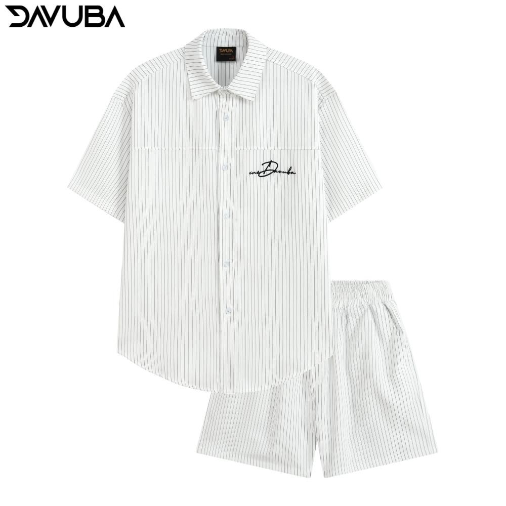 Bộ quần áo DAVUBA kẻ sọc cộc tay nam nữ logo thêu SM130 | BigBuy360 - bigbuy360.vn