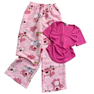 Có bigsize ) Bộ đồ Nữ 2032 áo tay ngắn cổ vuông có nút, quần in hoạt hình full từ chất liệu đũi gân và thun gân tăm