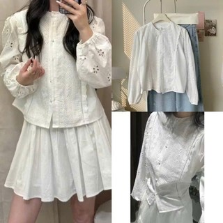  Áo Sơmi Thô Boi Cổ Tròn Thêu Hoa Nổi Phối Ren Tay Dài UNIZ Somi1317 P13K17 