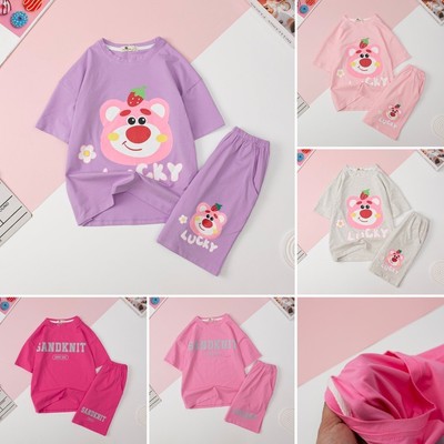 Bộ mùa hè cotton bé gái LITIBABY ngắn tay in gấu, chữ cho bạn 30kg - 60kg