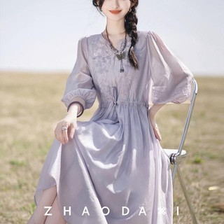 Qianqian Sản phẩm mới dành cho nữ Tóc thẳng < Đầm chuông gió tím > < Thêu định vị + Gân thở + Thắt lưng có thể điều chỉnh + Bao gồm trận đấu bên trong} Xianer