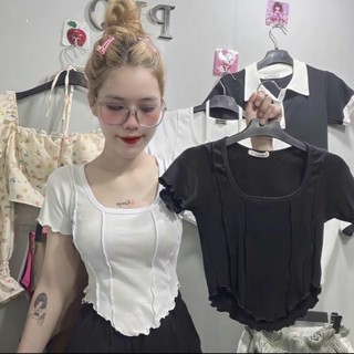 TP02 Áo thun nữ tay ngắn croptop kiểu  vạt bầu tay ngắn, form ôm chất thun dày dặn co giãn, cuốn biên lạ mắt màu trơn