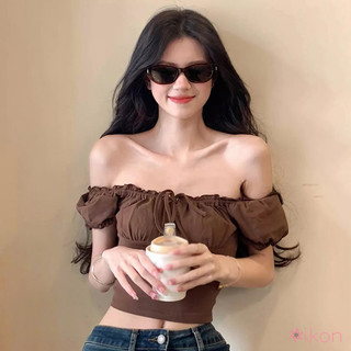 Phong cách Hàn Quốc Cổ vuông tay phồng buộc dây Áo sơ mi nơ màu trơn lệch vai Crop top
