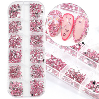 Sang Trọng Màu Hồng Trong Suốt Kim Cương Giả Cho Móng Tay 12 Lưới Đa Hình Dạng Đáy Phẳng Pha Lê DIY Móng Tay Nghệ Thuật Trang Trí Phụ Kiện