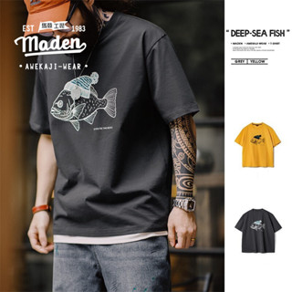Maden Thương Hiệu Nam Thanh Niên Mùa Hè 2024 Mới Ngộ nghĩnh Và Dễ Thương Mỹ Retro Cá Biển Sâu Đổ Xô In Hình Động Vật Cotton Nguyên Chất Cổ Tròn Tay Ngắn