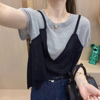 Suspenders giả hai áo thun dệt kim thời trang áo giảm béo dáng rộng