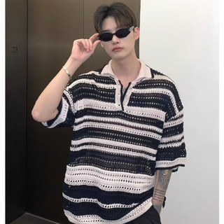 Phong Cách Mỹ Đen Sọc Rỗng Áo Len Xuân Hè Thương Hiệu Thời Trang Mới Ve Áo Rời Áo Sơ Mi Hàng Đầu Phong Cách Hàn Quốc