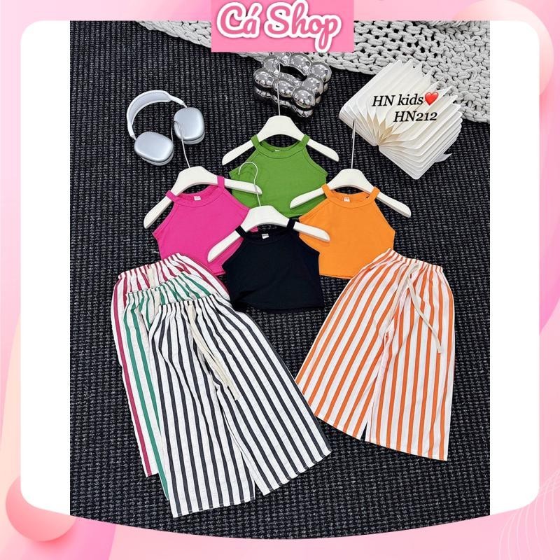 Xả Set áo cotton cổ yếm HN212 kèm quần kẻ cho bé gái
