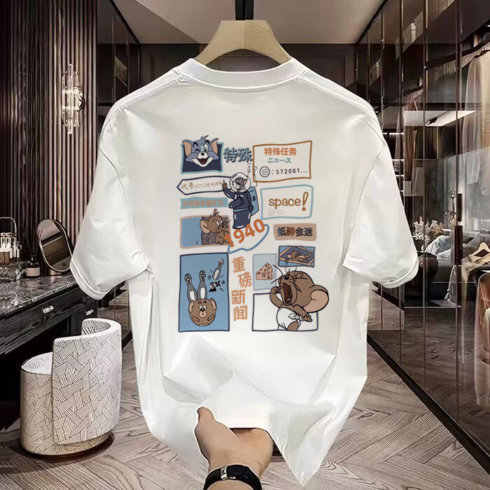 Áo thun cotton nguyên chất cổ tròn mùa hè tay ngắn Tom và Jerry áo thun hoạt hình M-5XL