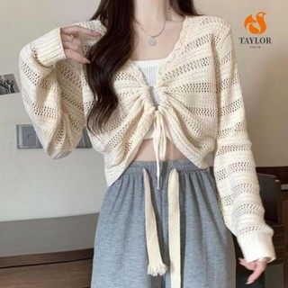 Taylor1 Áo len móc đi biển, Áo thun dệt kim dài tay có dây rút, Áo len chui đầu ngắn phong cách Pháp Áo len đi biển Dạo phố