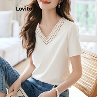 Áo thun Lovito vải ren màu trơn phong cách thường ngày cho nữ LNE62365