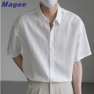 Magee Mới Áo Sơ Mi Nam Phiên Bản Hàn Quốc Retro Thường Ngày Sang Trọng Màu Sọc Thiết Kế, Nặng Văn Học Rời Thanh Niên Cặp Đôi Thời Trang Cổ Polo Nửa Tay Top