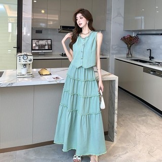 Set Denim Viền Bèo Trẻ Trung Phong Cách Hàn Quốc, Váy Ba Lỗ Không Tay Mẫu Mới Mùa Hè Cho Nữ, Bộ Đồ Thời Trang