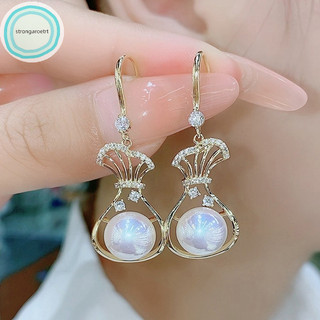 Strongaroetrt 1 Đôi Thời Trang Mới Quá Khổ Ngọc Trai Trắng Đỏ Thả Bông Tai Nữ Rỗng Hình Bình Hoa Zircon Bông Tai Cưới Trang Sức Quà Tặng vn