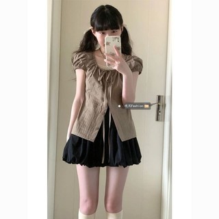 Bộ Đồ Áo Tay Phồng Cổ Điển Phong Cách Học Đường Áo Sơ Mi Rộng Rãi Lười Mẫu Mới Mùa Hè Cho Nữ Chân Váy Nụ Hoa Cạp Cao