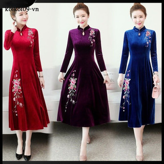 Huayuzhi Dress Rib - Nhung Trắng Dài Thêu Hoa Thời Trang Nữ Tính
