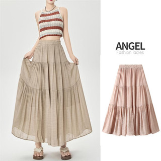 [5 màu] Váy midi nữ thời trang ANGEL Cotton & vải lanh màu trơn Hàn Quốc lưng cao thun chữ A màu đen mỏng váy xích đu lớn váy xếp ly dài dành cho nữ
