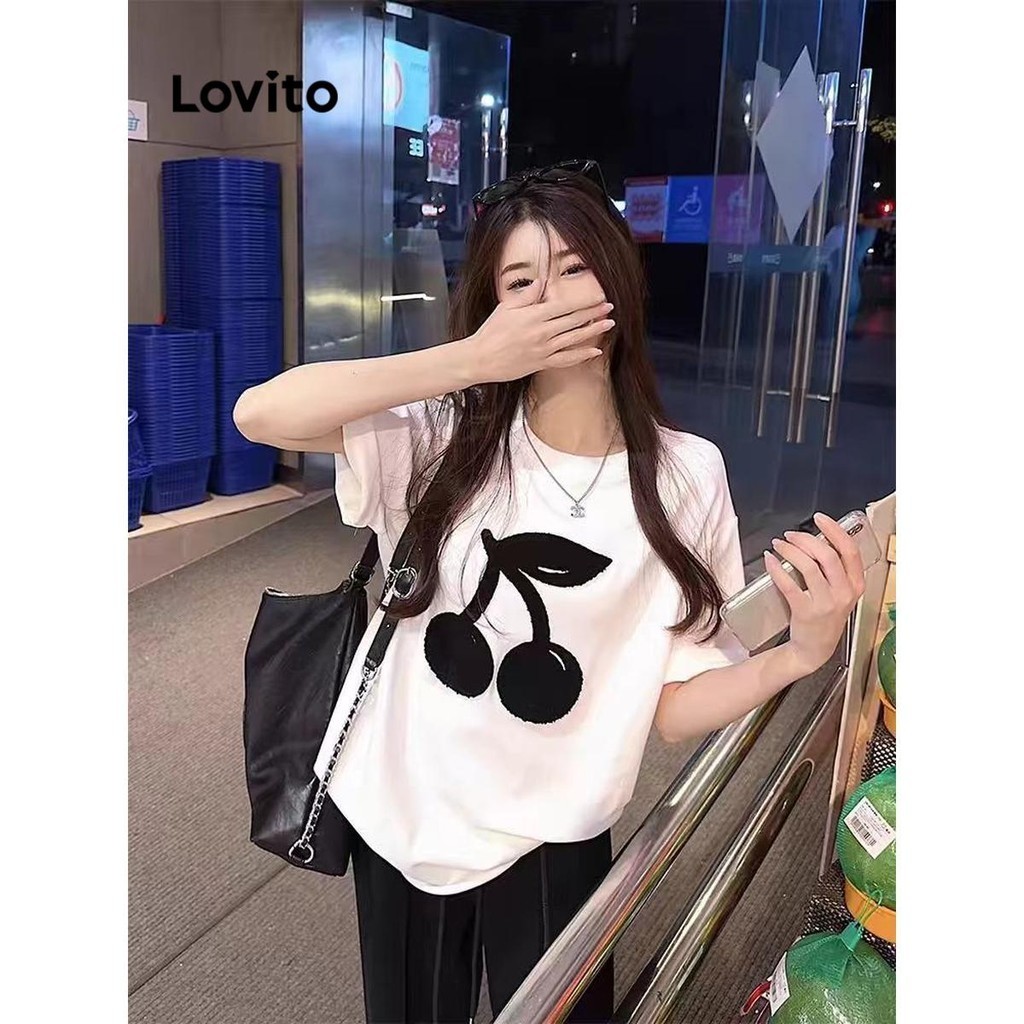 Lovito Áo thun họa tiết hoa quả & rau quả thông thường dành cho nữ LNA56147