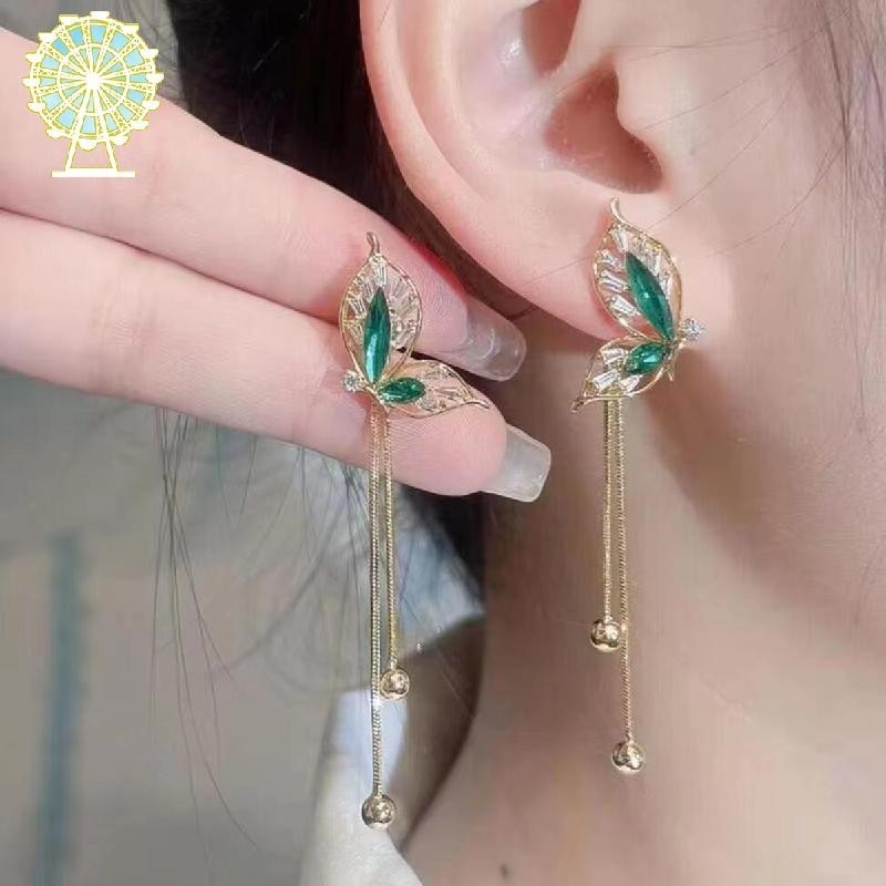 [Jipai] Bông tai tua rua dài hình bướm xanh tinh tế thanh lịch dành cho nữ