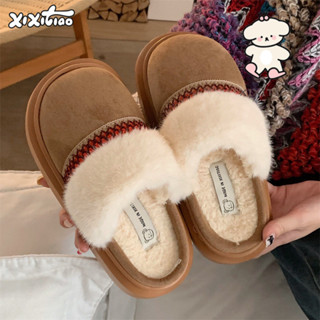  Xixitiao Cotton Dép Mùa Đông Nữ Nhà Bên Ngoài Mặc Lông Cừu Đế Dày Ấm Áp 