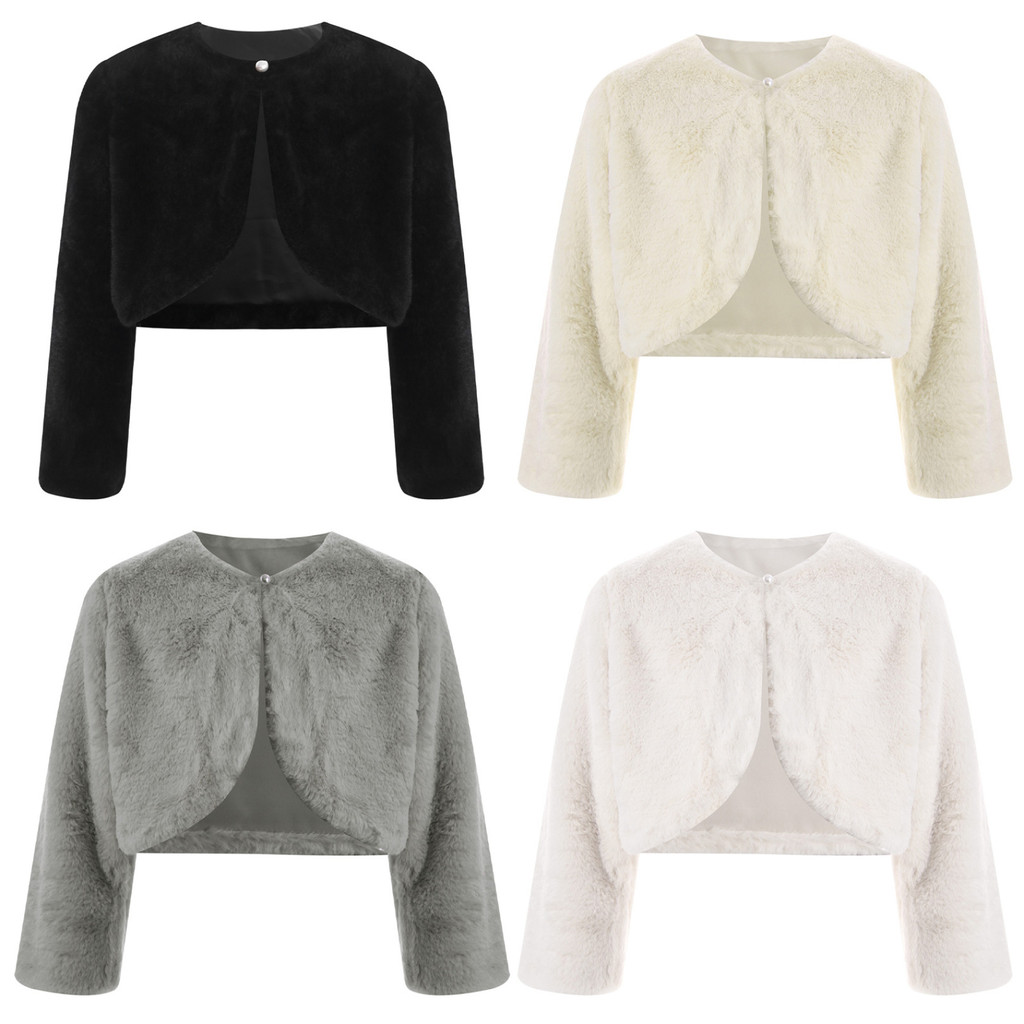 Yartina Trẻ Em Bé Gái Lông Thú Giả Bolero Shrug Crop Jacket Dài Tay Mở Áo Khoác Phía Trước Áo Khoác 