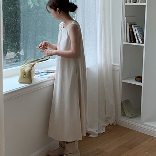 Suxi - Đầm không tay cổ tròn dáng rộng đơn giản kiểu Pháp cổ tròn đa năng thời trang giản dị dành cho nữ 240410