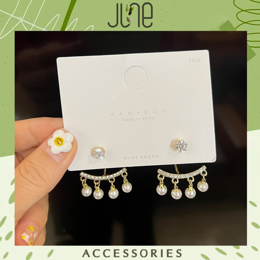 Khuyên tai chiếc khánh 4 hạt ngọc có mix đá Bông tai xinh phối váy đầm dự tiệc thời trang June Acces