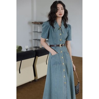 Hepburn Phong Cách Khâu Đầm Denim Phong Cách Mới Mùa Hè Tính Khí Thời Trang Retro Hẹp Eo Giữa Chiều Dài a-