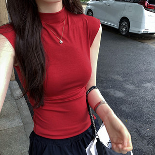 Suxi - Retro Đơn Giản Mùa Hè Mới Cổ Cao Đa Năng Áo Thun Nữ Tay Ngắn Cổ Cao Đa Năng 240504