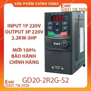 Biến tần INVT vào 1 Pha 220V pha ra 3 pha 220V 3HP 2.2Kw - GD20-2R2G-S2