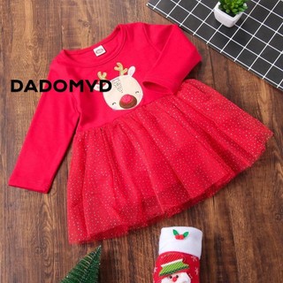 Váy Giáng Sinh In Hình Tulle Santa Dài Tay Tập Đi Trẻ Em Xmas Nai Sừng Tấm