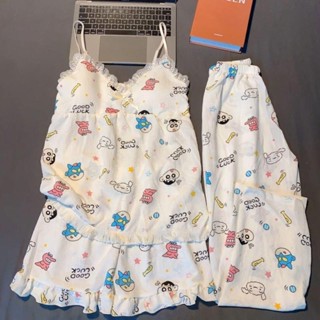 Bộ Đồ Ngủ Ba Mảnh Nữ Nhật Bản Ngọt Ngào Crayon Shin-Chan Hoạt Hình Pyjama Quần Có Miếng Lót Ngực Dễ Thương Dệt Bong Bóng Bộ Cotton